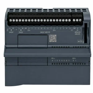 Siemens S7-1200 style PLC module with screw terminal connectors for 24VDC digital and analog I/O