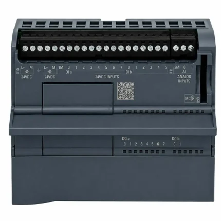Siemens S7-1200 style PLC module with screw terminal connectors for 24VDC digital and analog I/O